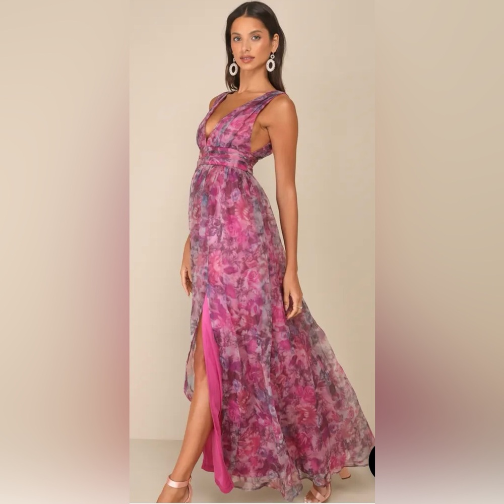 Garden Romance Magenta Floral Print Organza Maxi Dress— new and never worn